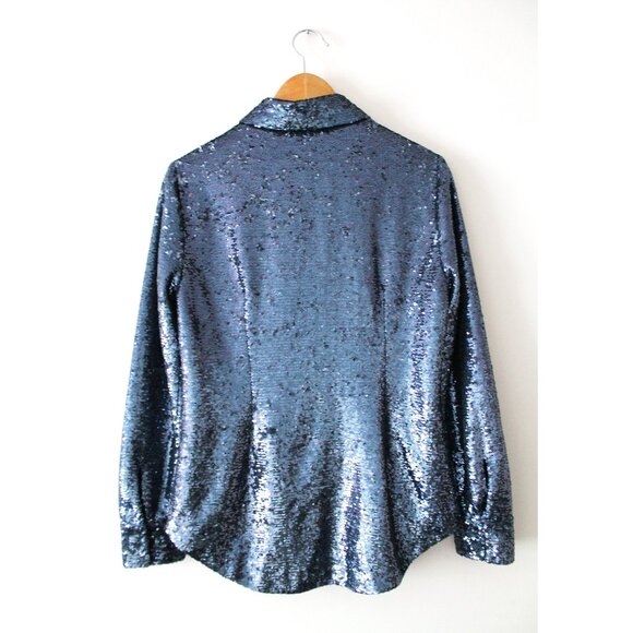 Cinq à Sept Isha Sequin Point Collar Shirt / Medium / Onyx Blue Blouse Holiday - Picture 6 of 12